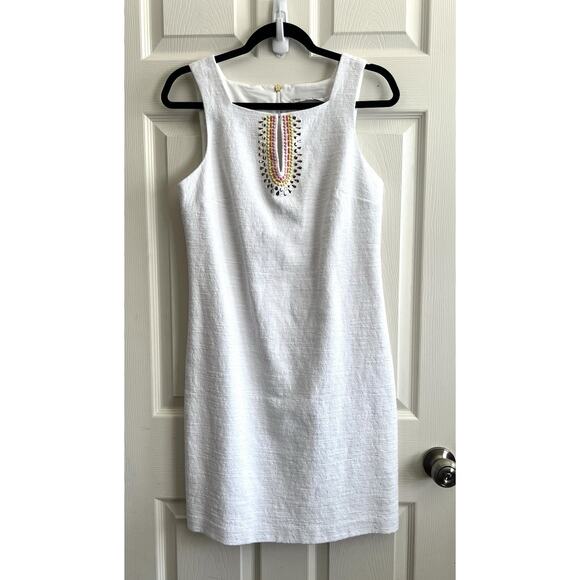 Trina Turk Dresses & Skirts - TRINA TURK White Textured Beaded Retro MOD Beachy Shift Sheath Dress Sz Small